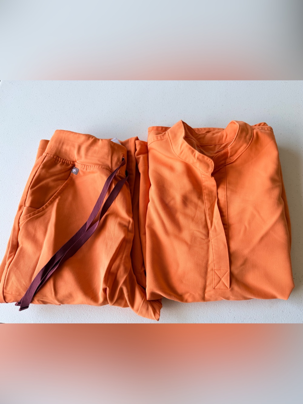 Figs Womens Small Orange Two-Piece Scrub Set with Burgundy Drawcord